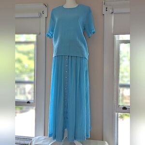 Vintage Aqua Blue Matching Set Short Sleeve Top & Midi/Maxi Skirt Small/Medium